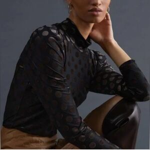 Anthropologie Black Velvet Polka Dot Mock Neck Top NWT